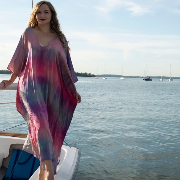 Silk Caftan Kaftan beach coverup resortwear midi S M L XL pink purple tie dyed - Picture 9 of 10